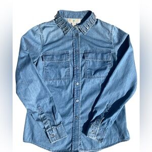 Michael Kors Crystal Collar Button Down Denim Shirt Size Small